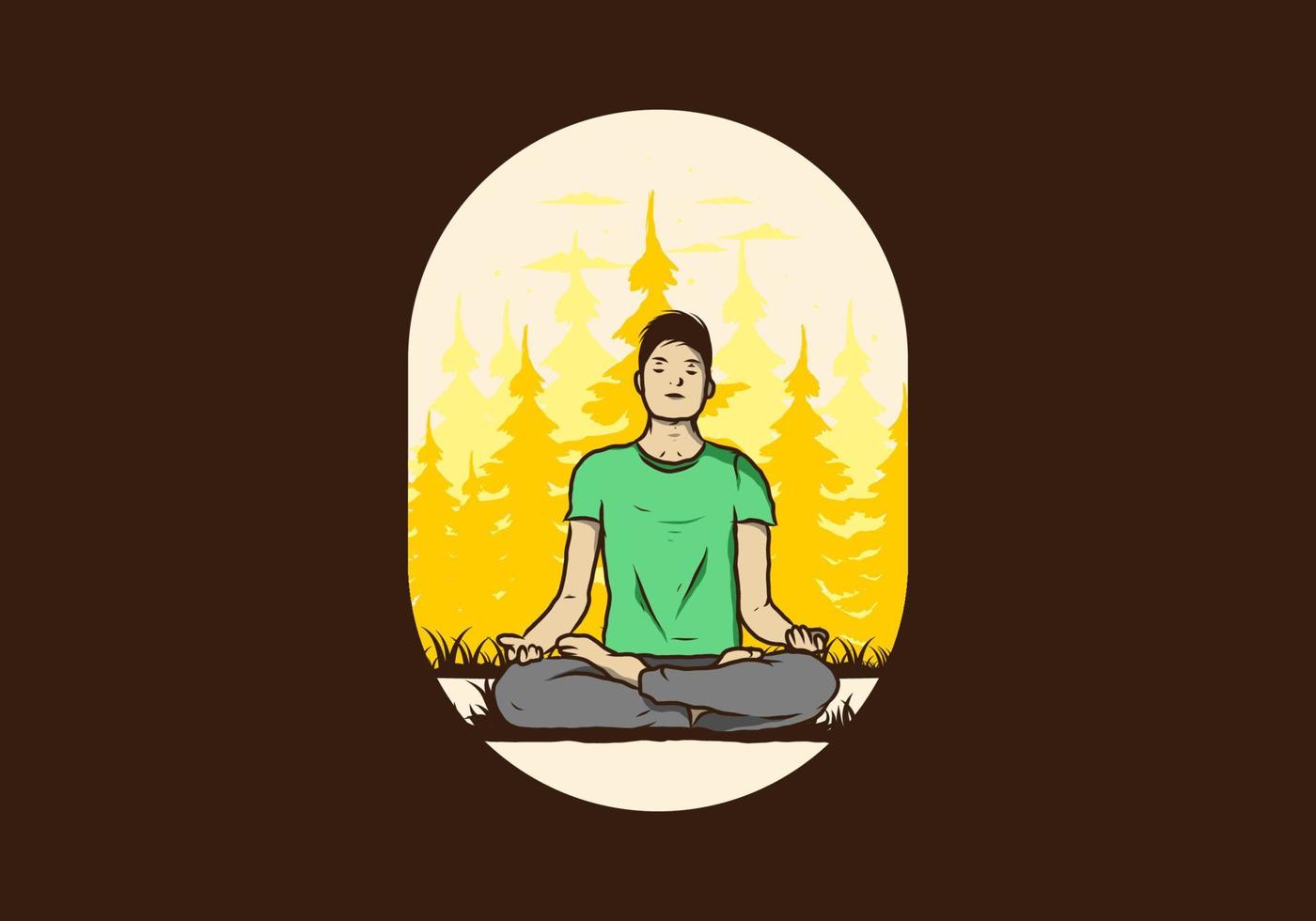 ilustración de alguien haciendo yoga y meditando al aire libre en un bosque en la naturaleza entre pinos vector