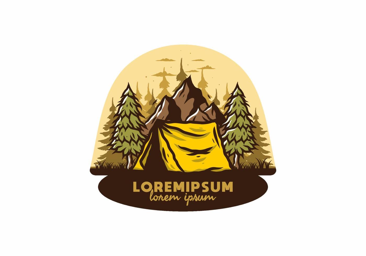 Camping tent in front of the mountain and between pine trees vector