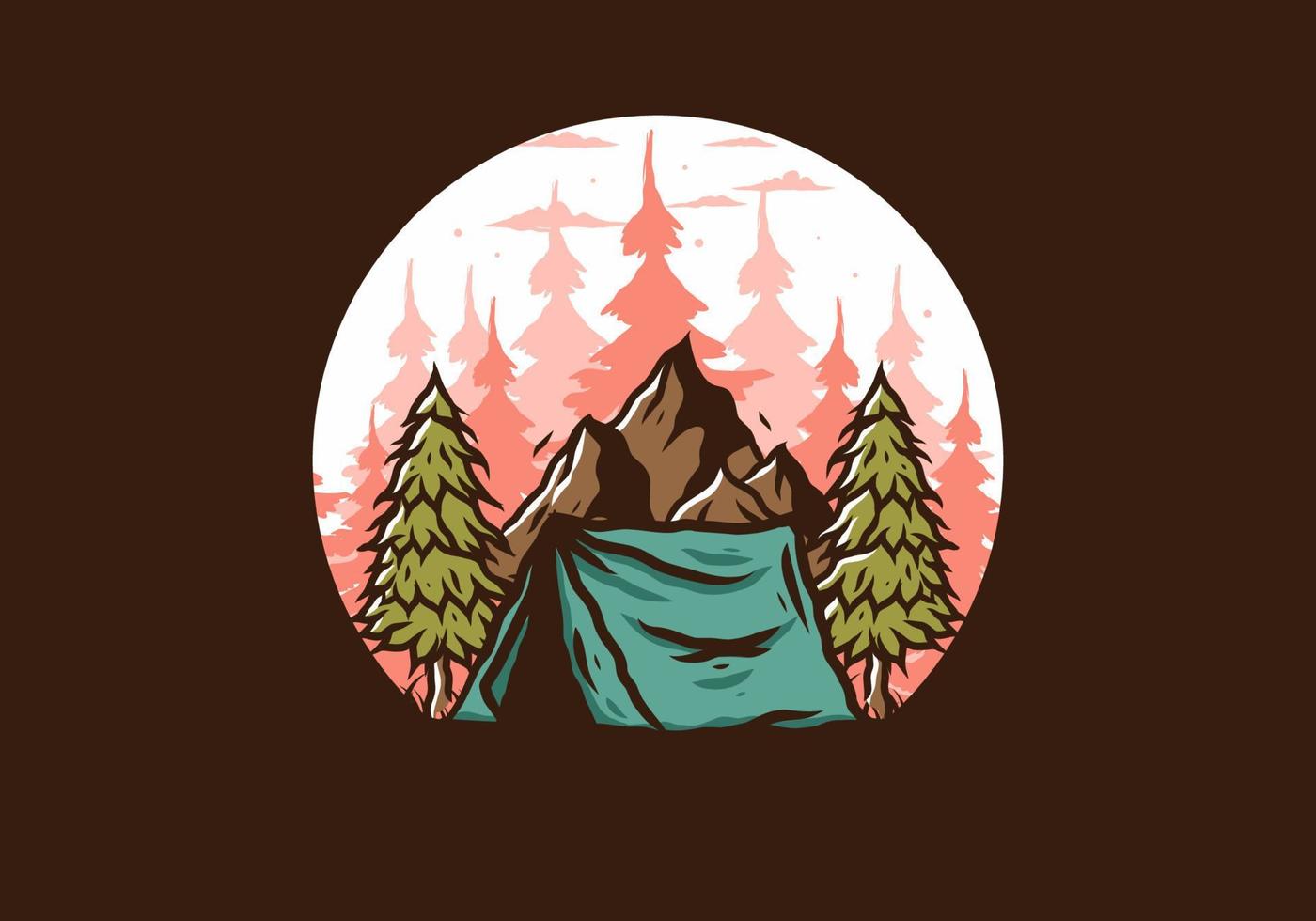 Camping tent in front of the mountain and between pine trees vector