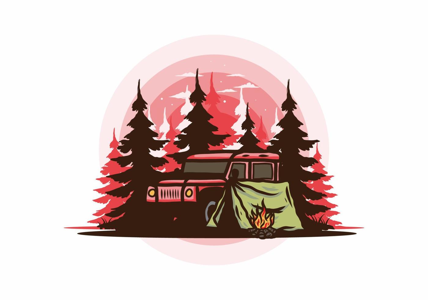 Camping beside the car in the forest illustration vector