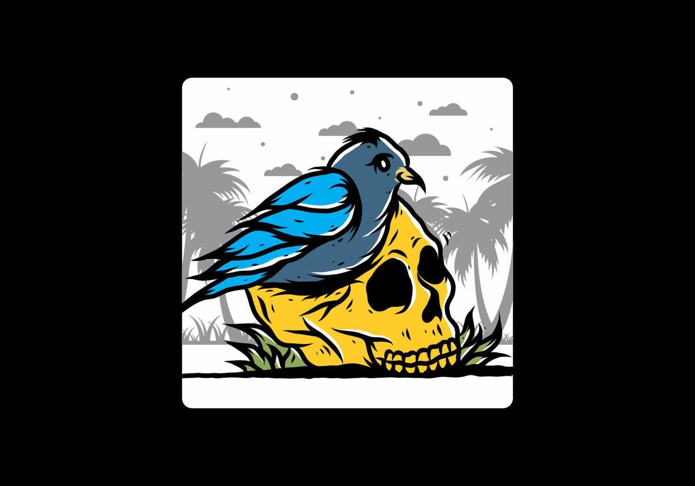 Bird nesting in skull illustration vector