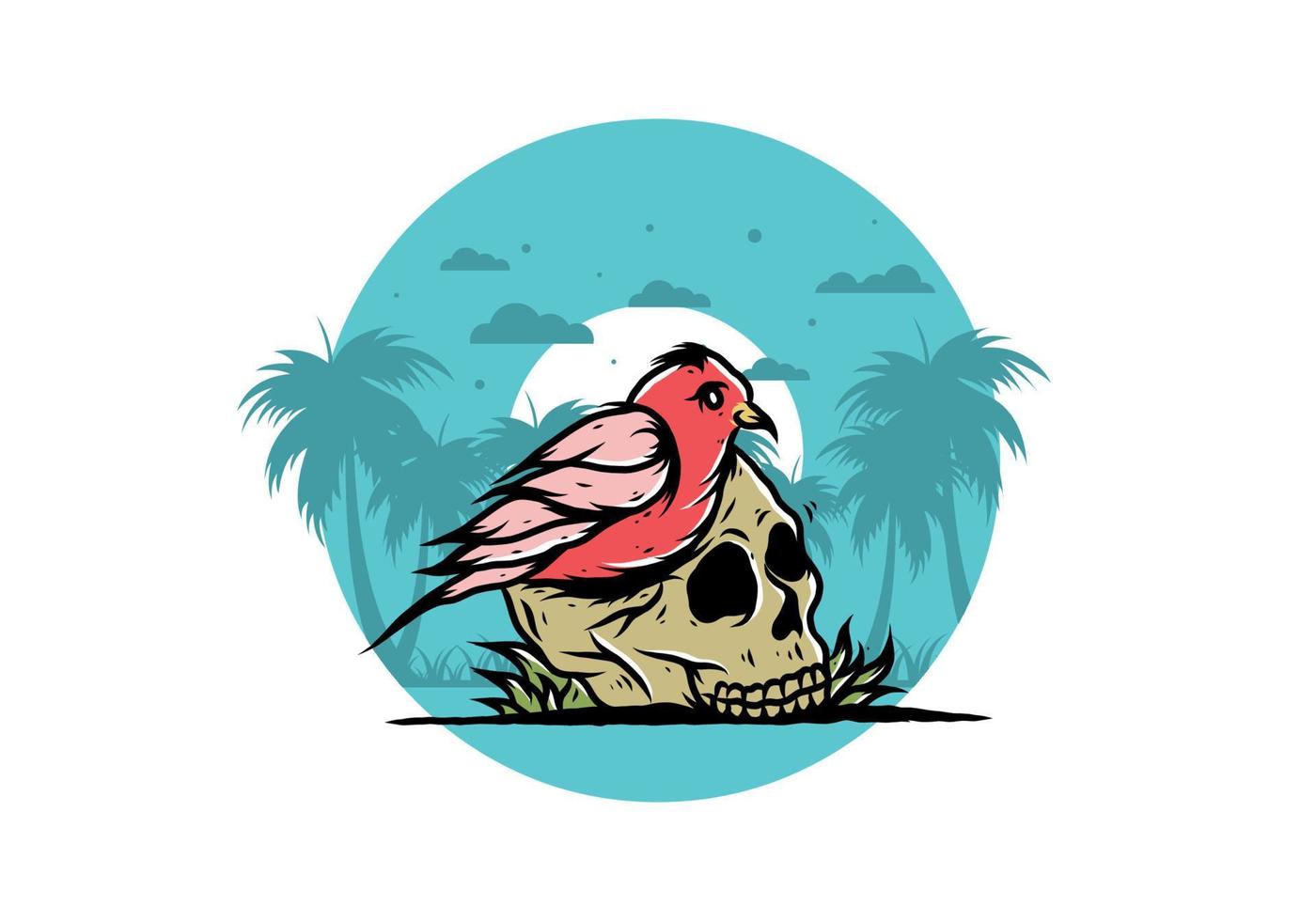 Bird nesting in skull illustration vector