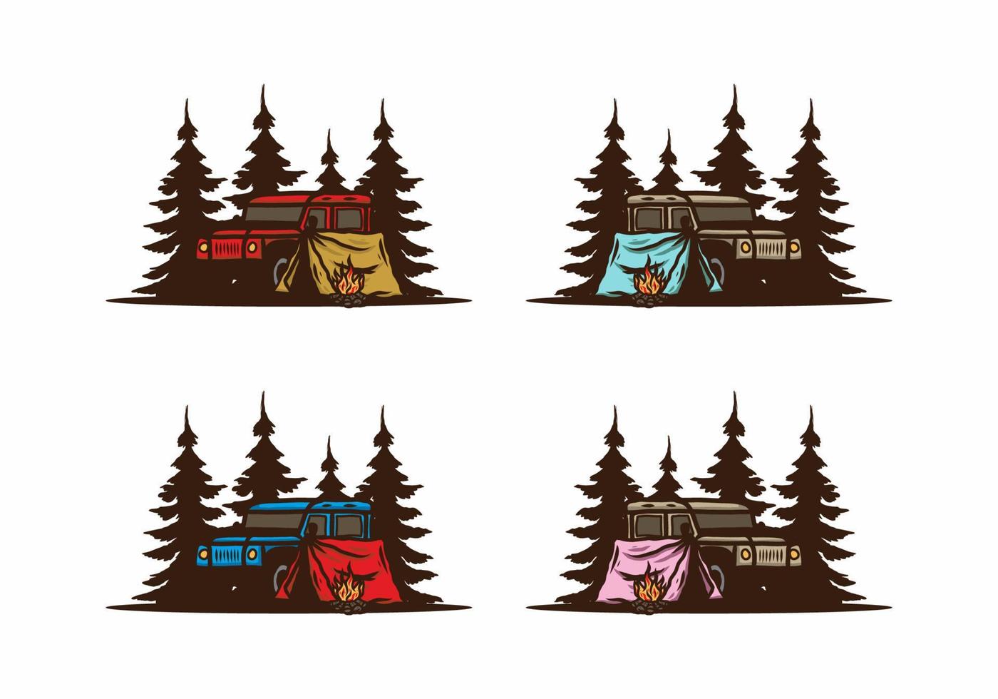 Camping beside the car in the forest illustration vector