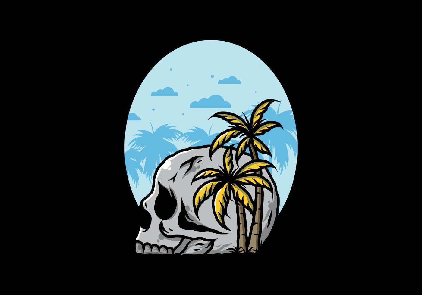 Skull head under coconut trees illustration vector