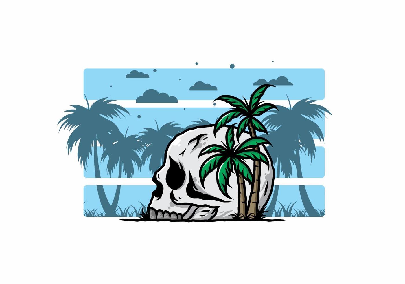 Skull head under coconut trees illustration vector