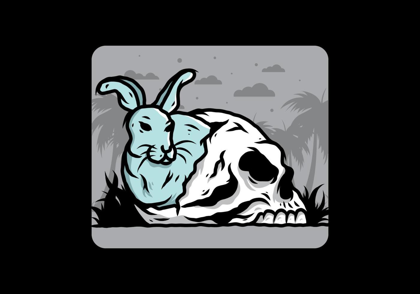 Rabbit hiding inside human skull illustration vector