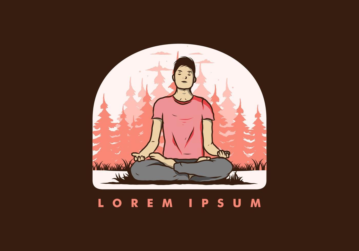 ilustración de alguien haciendo yoga y meditando al aire libre en un bosque en la naturaleza entre pinos vector