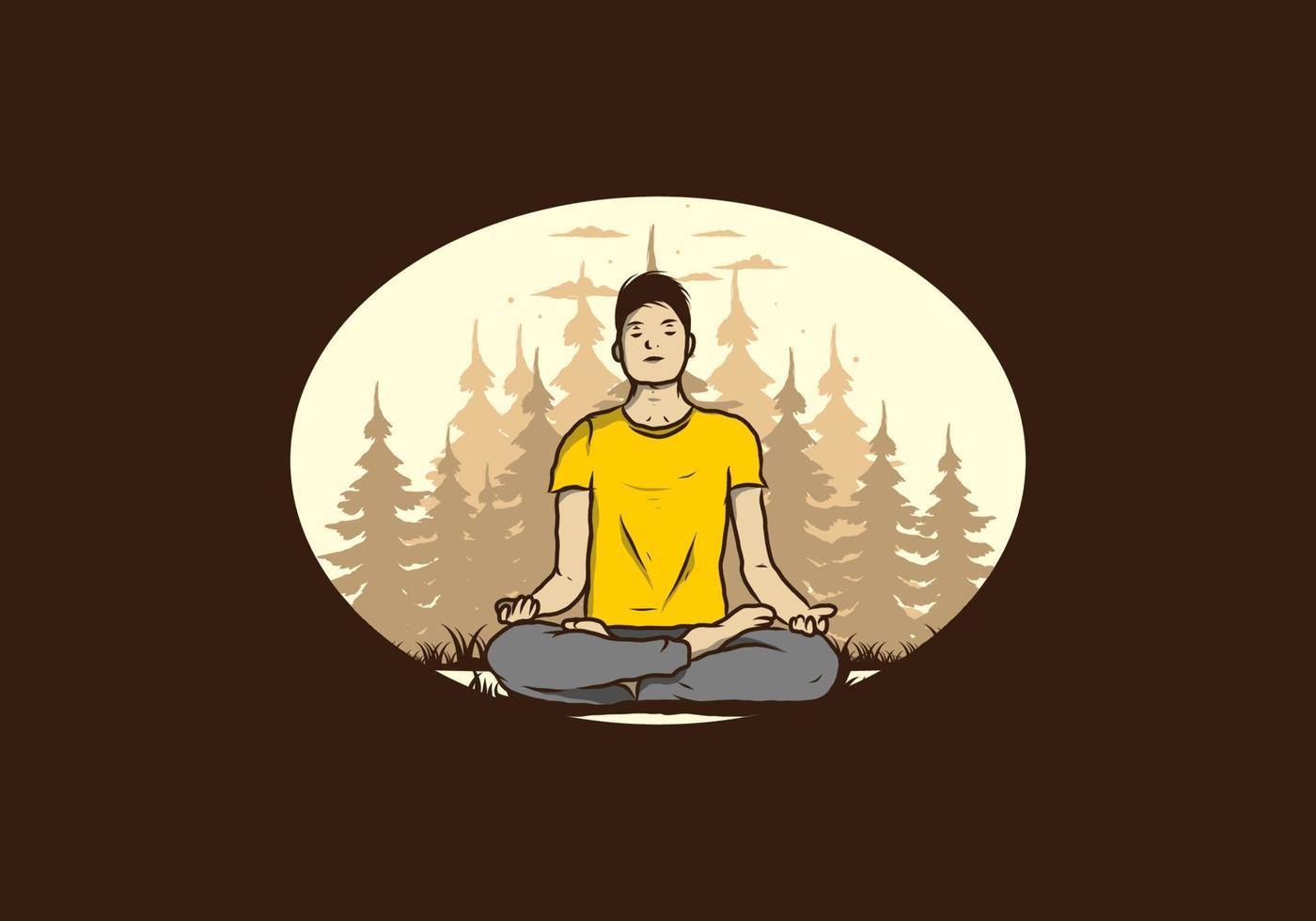 ilustración de alguien haciendo yoga y meditando al aire libre en un bosque en la naturaleza entre pinos vector