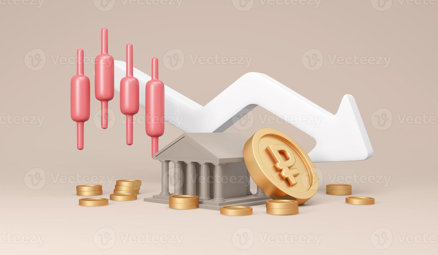 3D Rendering of Russia ruble symbol on coin and bank icon with red candlestick graph on background concept of Russian economy and financial crash down. 3D Render illustration cartoon style. photo