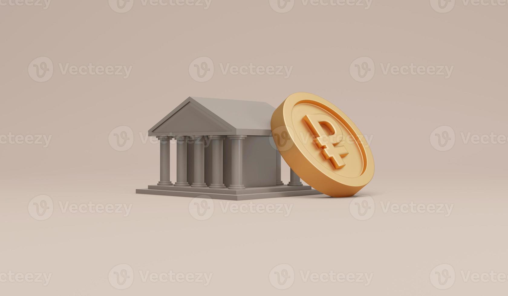 Representación 3d del símbolo del rublo ruso en la moneda apoyada en el icono del banco en el concepto de fondo de la economía y las finanzas rusas. estilo de dibujos animados de ilustración de procesamiento 3d. foto