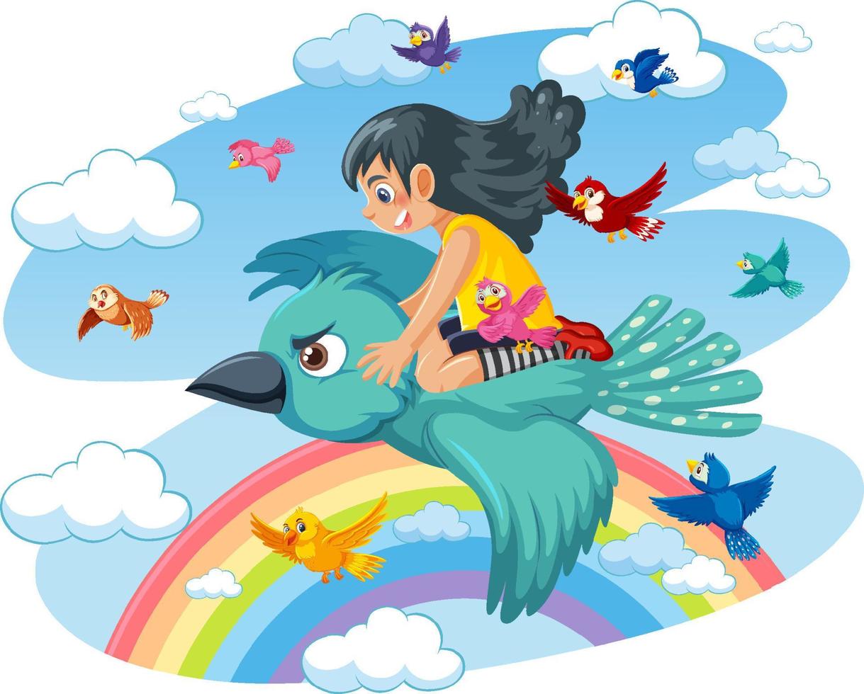 Girl riding a bird on the sky vector