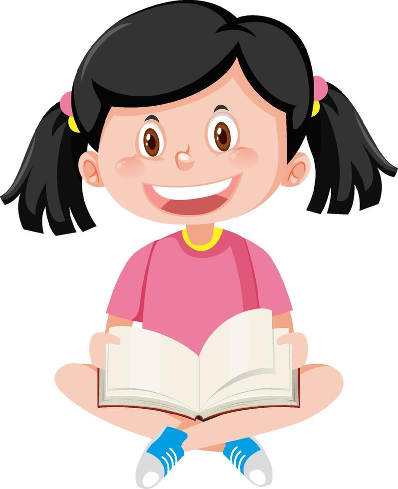 libro de lectura de niña feliz de dibujos animados vector