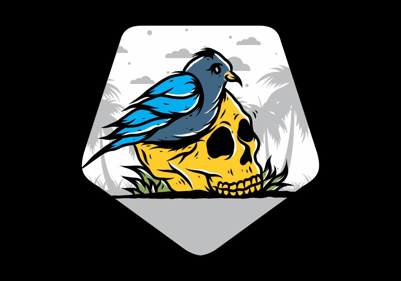Bird nesting in skull illustration vector