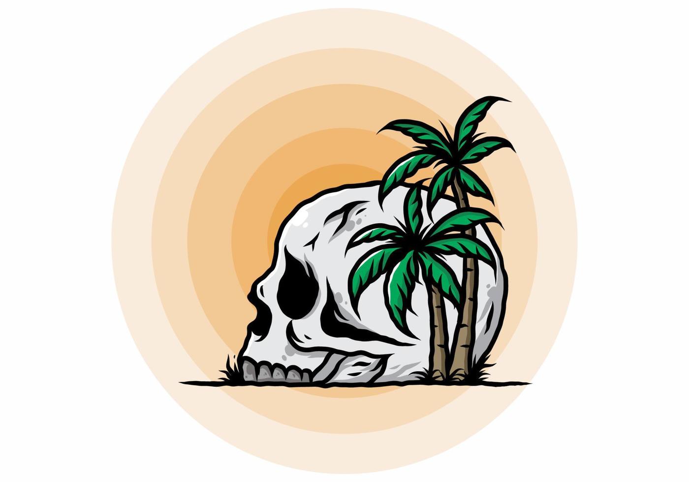 Skull head under coconut trees illustration vector