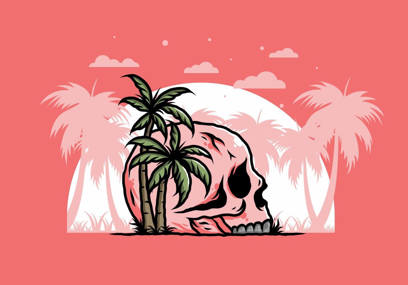 Skull head under coconut trees illustration vector