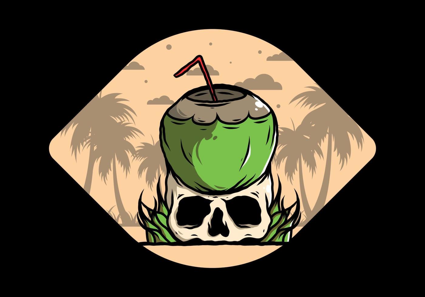 Coconut drink on human skull illustration vector