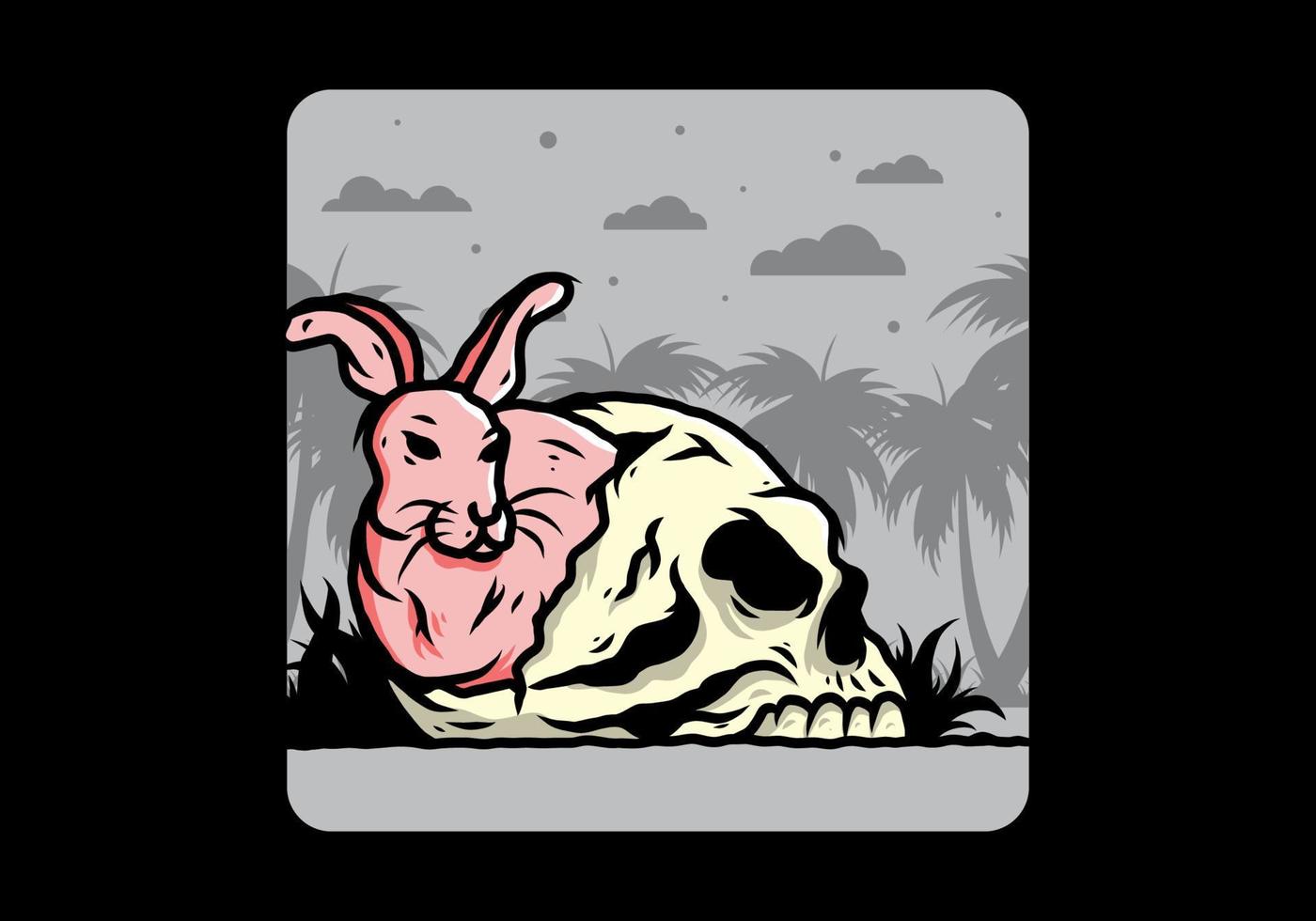 Rabbit hiding inside human skull illustration vector