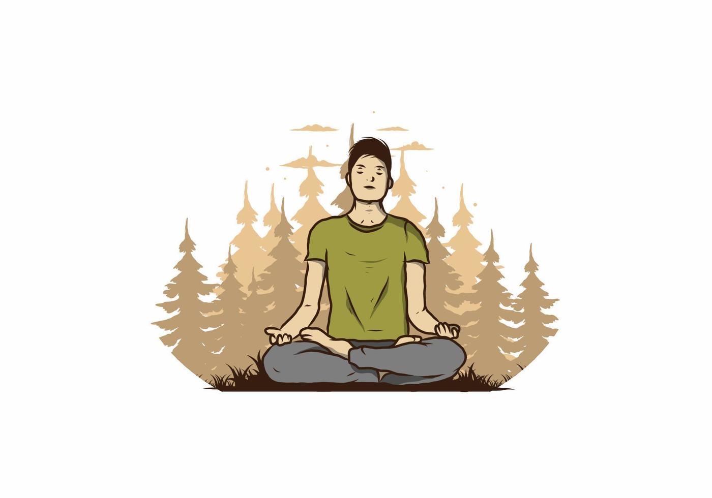 ilustración de alguien haciendo yoga y meditando al aire libre en un bosque en la naturaleza entre pinos vector