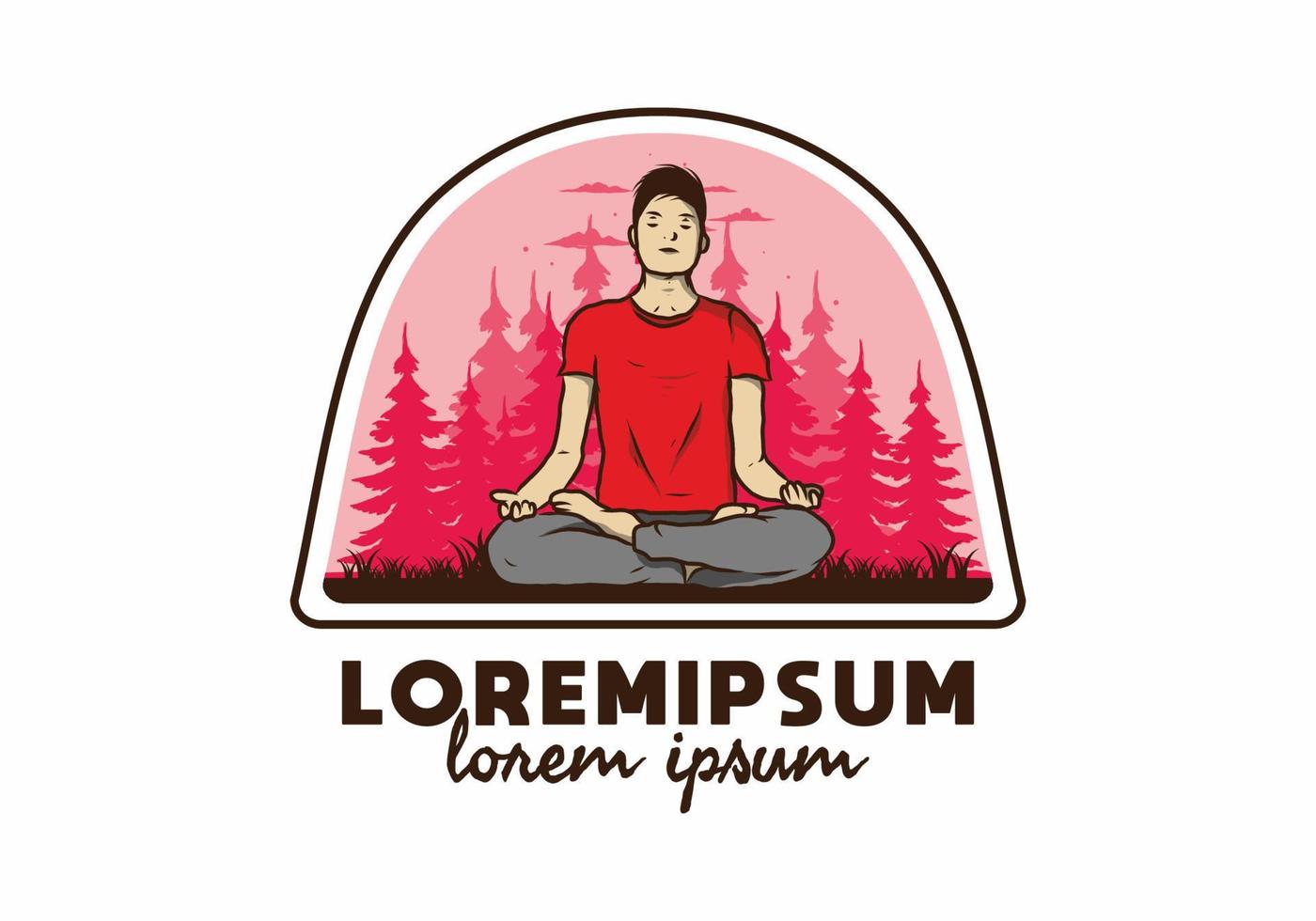 ilustración de alguien haciendo yoga y meditando al aire libre en un bosque en la naturaleza entre pinos vector