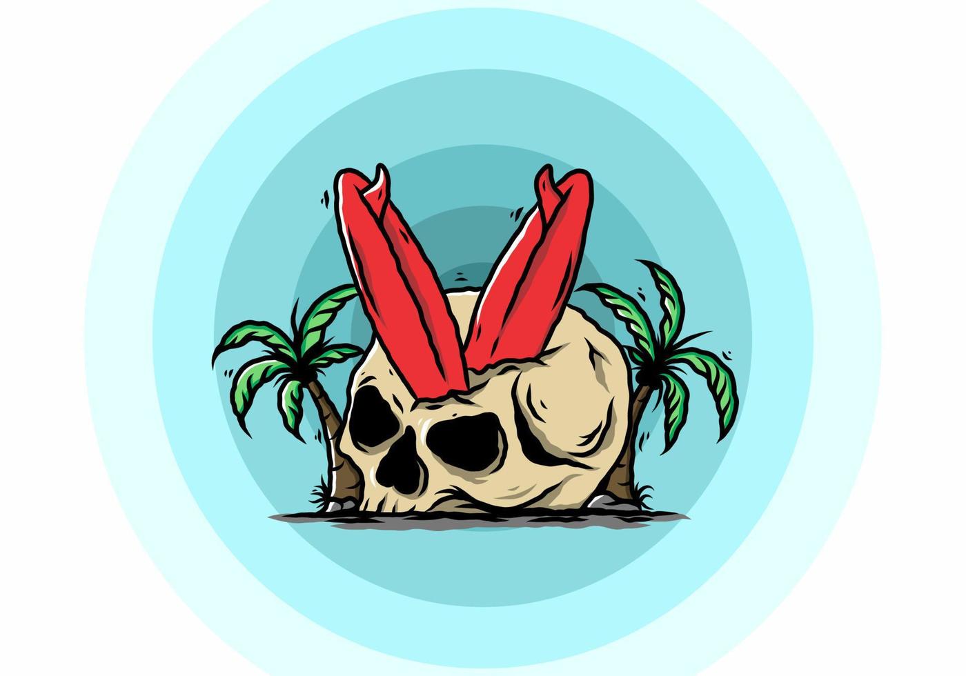 Surfing board stuck in human skull illustration vector