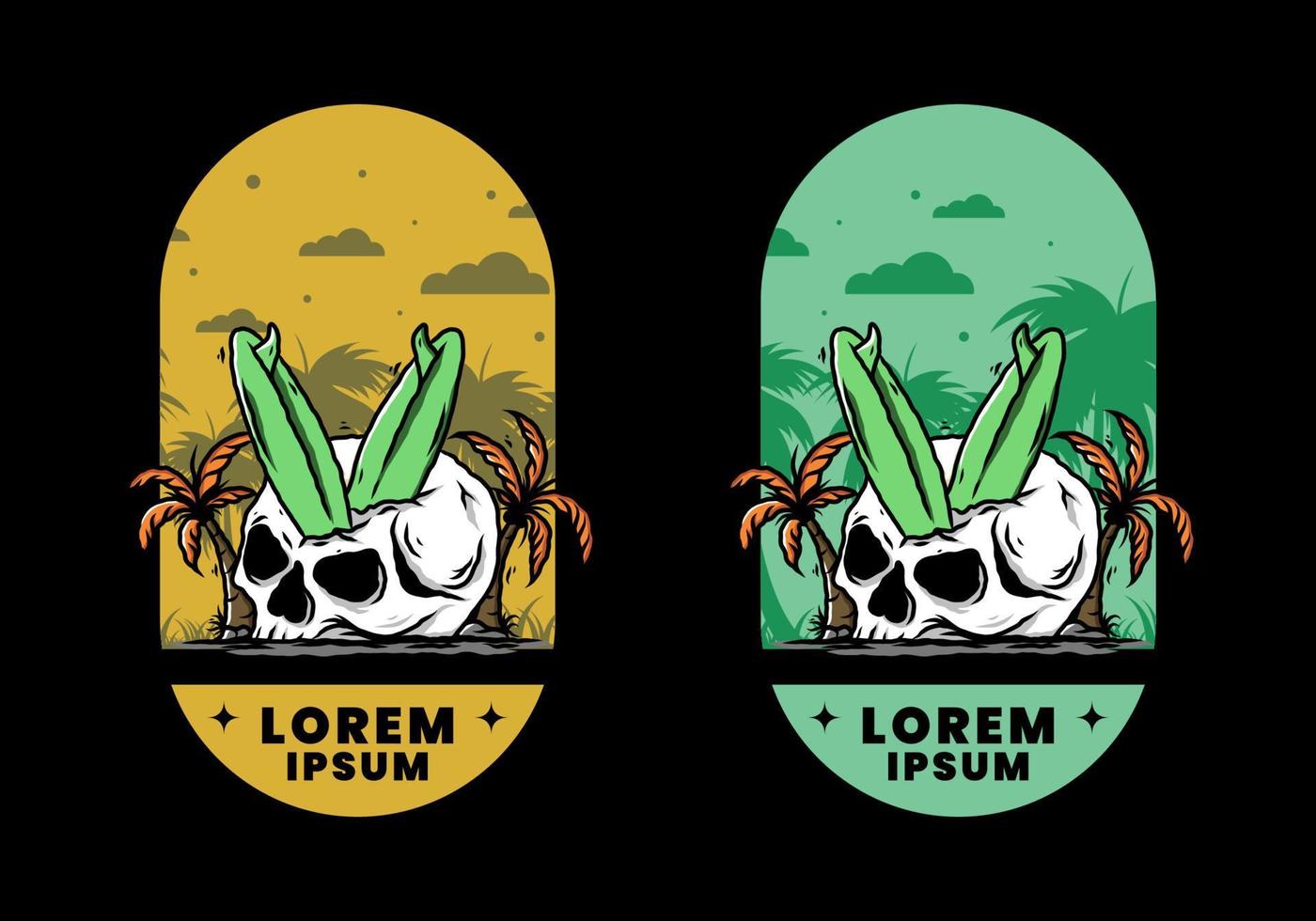 Surfing board stuck in human skull illustration vector