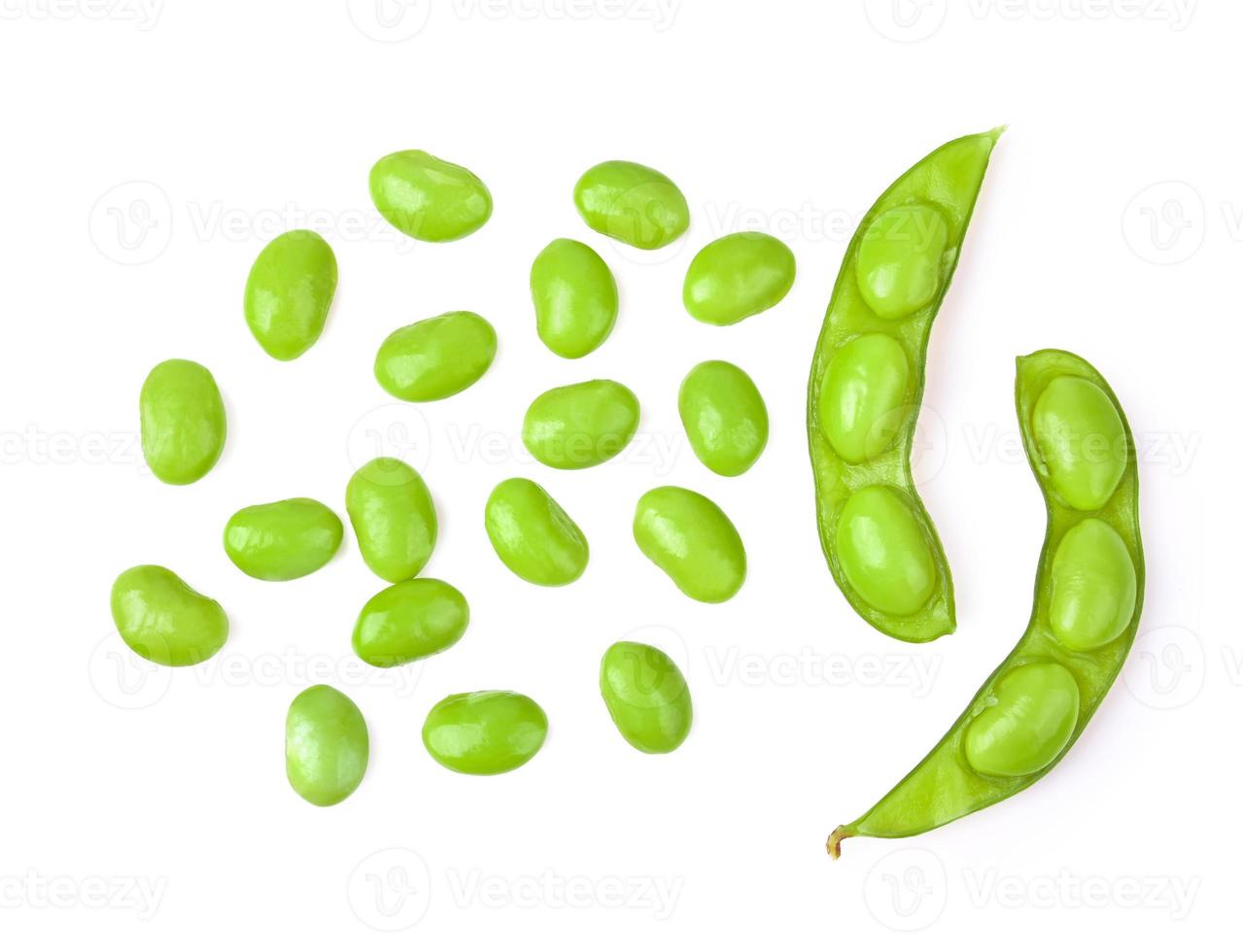 Green soy beans on white background top view. photo