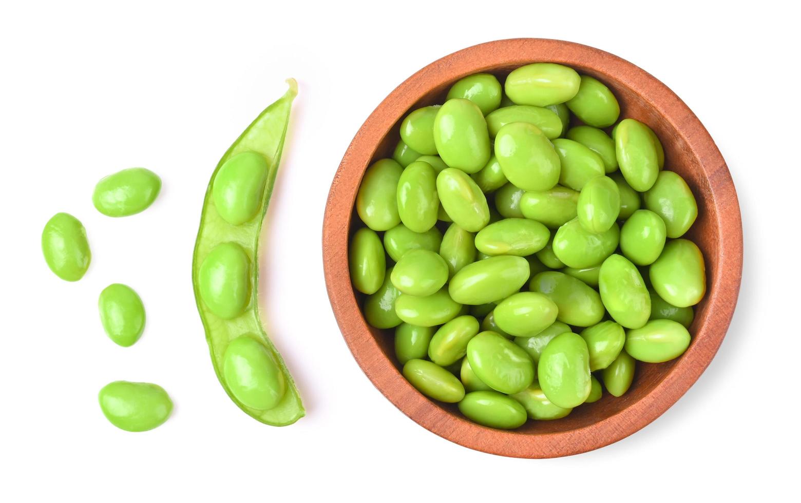 Green soy beans isolated on white background. Top view. photo