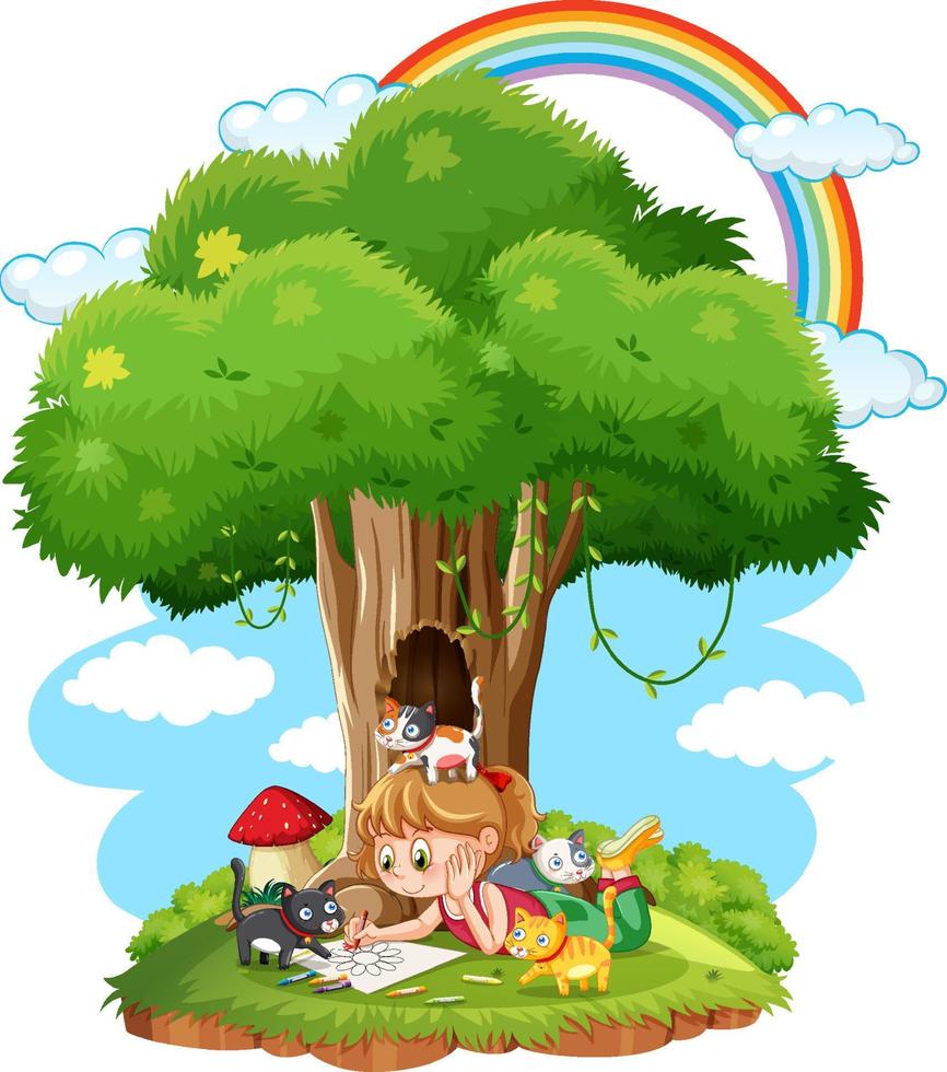 Girl with animals under the tree vector