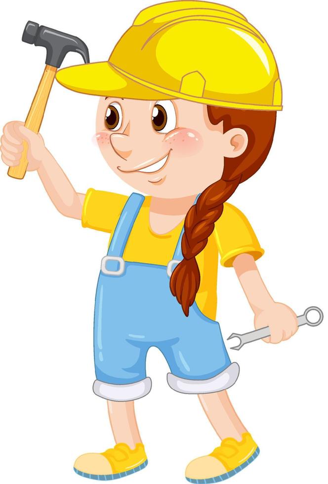 A girl wearing helmet holding hammer vector