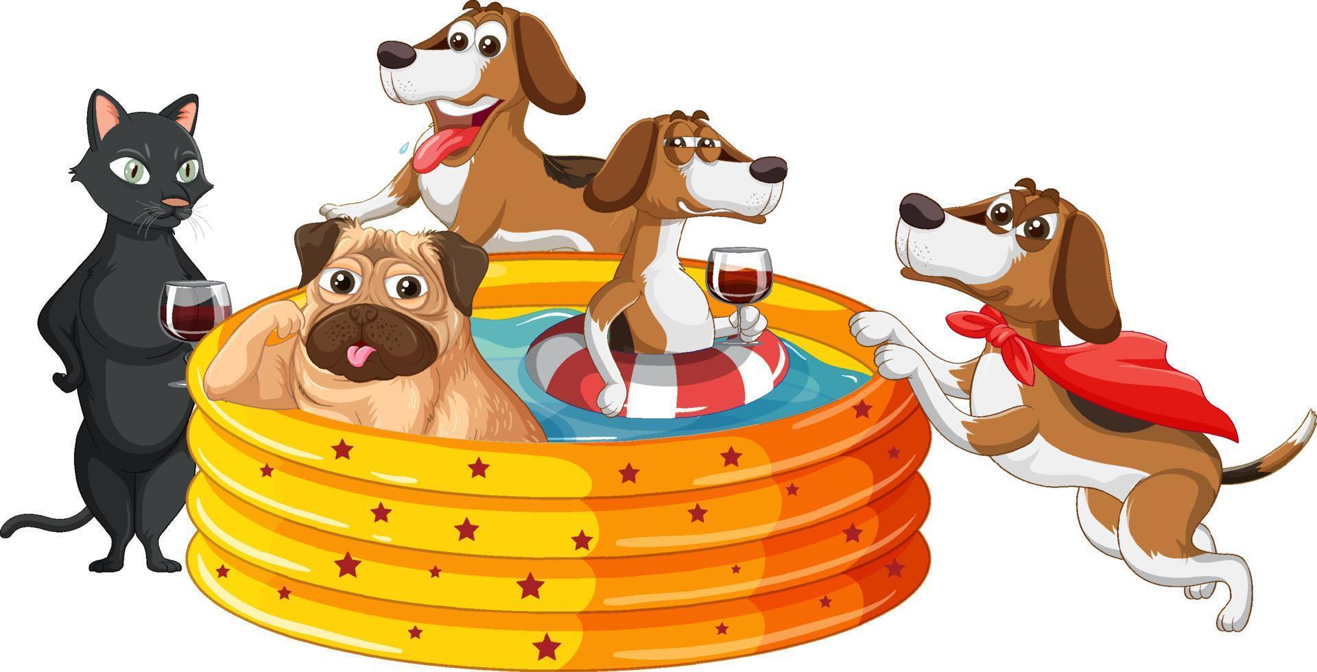 grupo de perros domésticos en piscina inflable vector