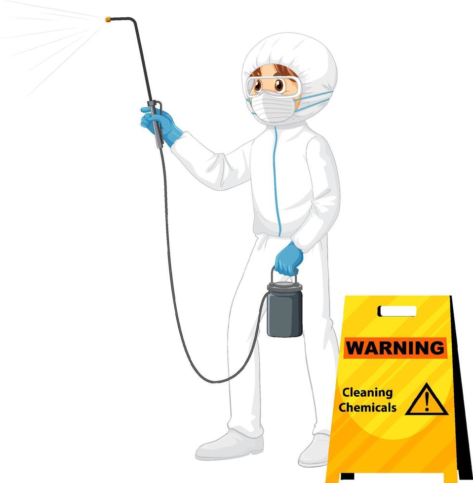 Man in protective hazmat suit with cleaning chemicals sign vector