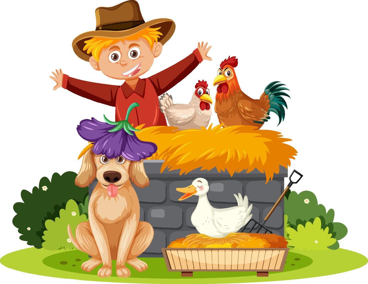 Happy farmer with animals at farm vector