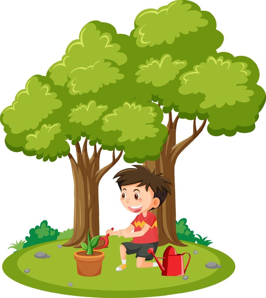 A boy planting in clay pot vector