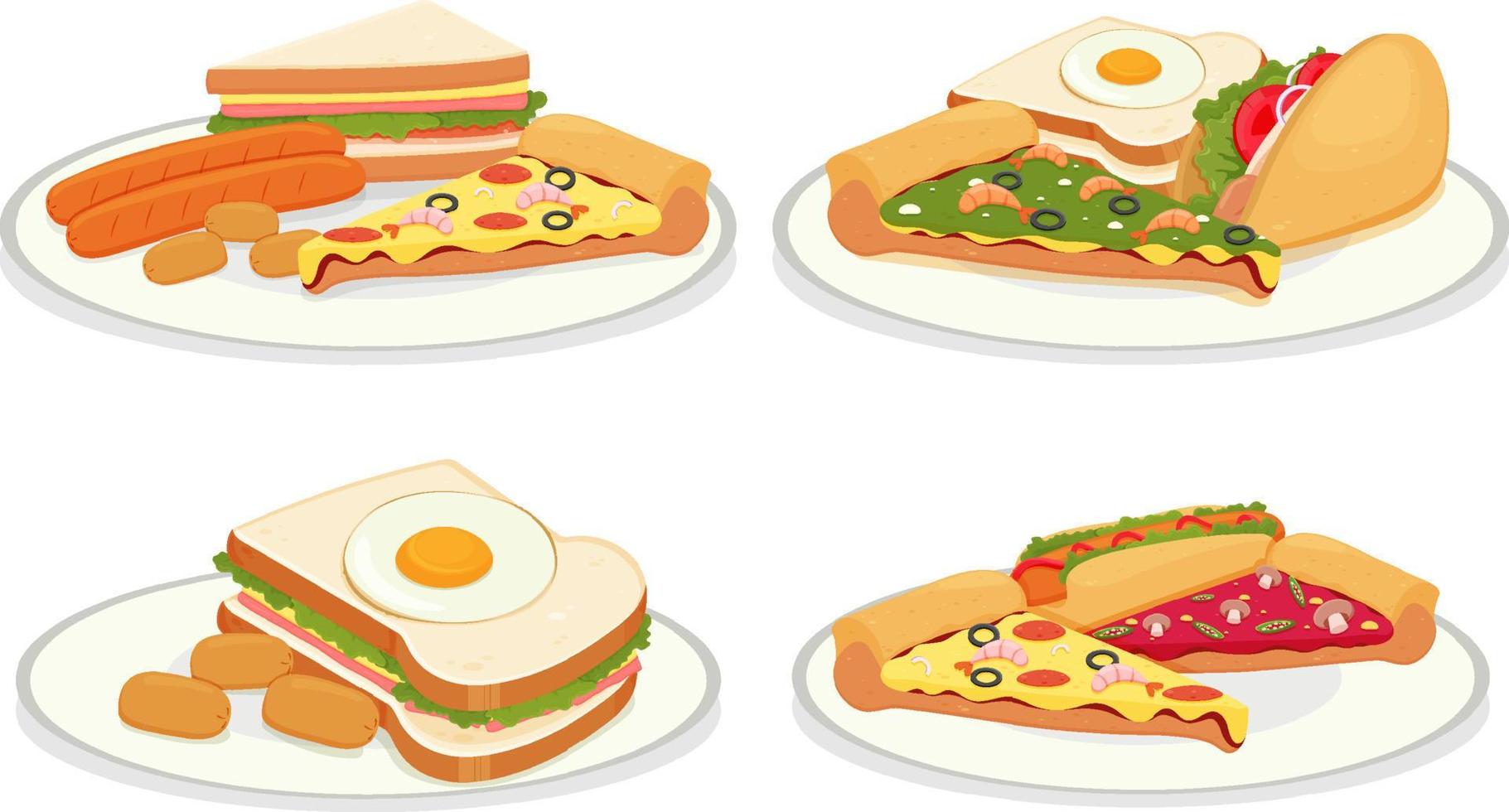 Set of different foods on plates vector