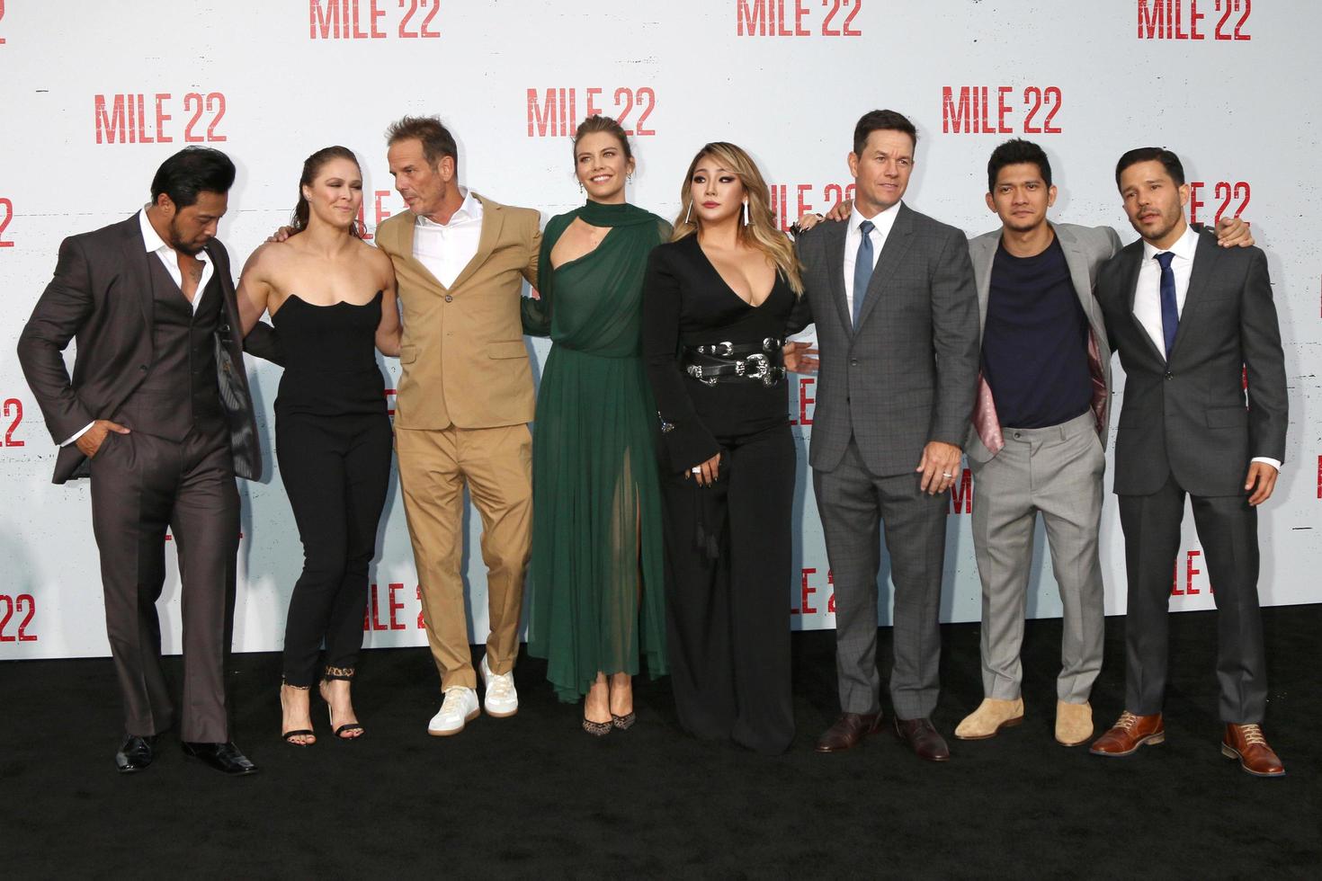 LOS ANGELES   AUG 9 - Sam Medina, Ronda Rousey, Peter Berg, Lauren Cohan, CL, Mark Wahlberg, Iko Uwais, Carlo Alban at the Mile 22 Premiere at the Village Theater on August 9, 2018 in Westwood, CA photo