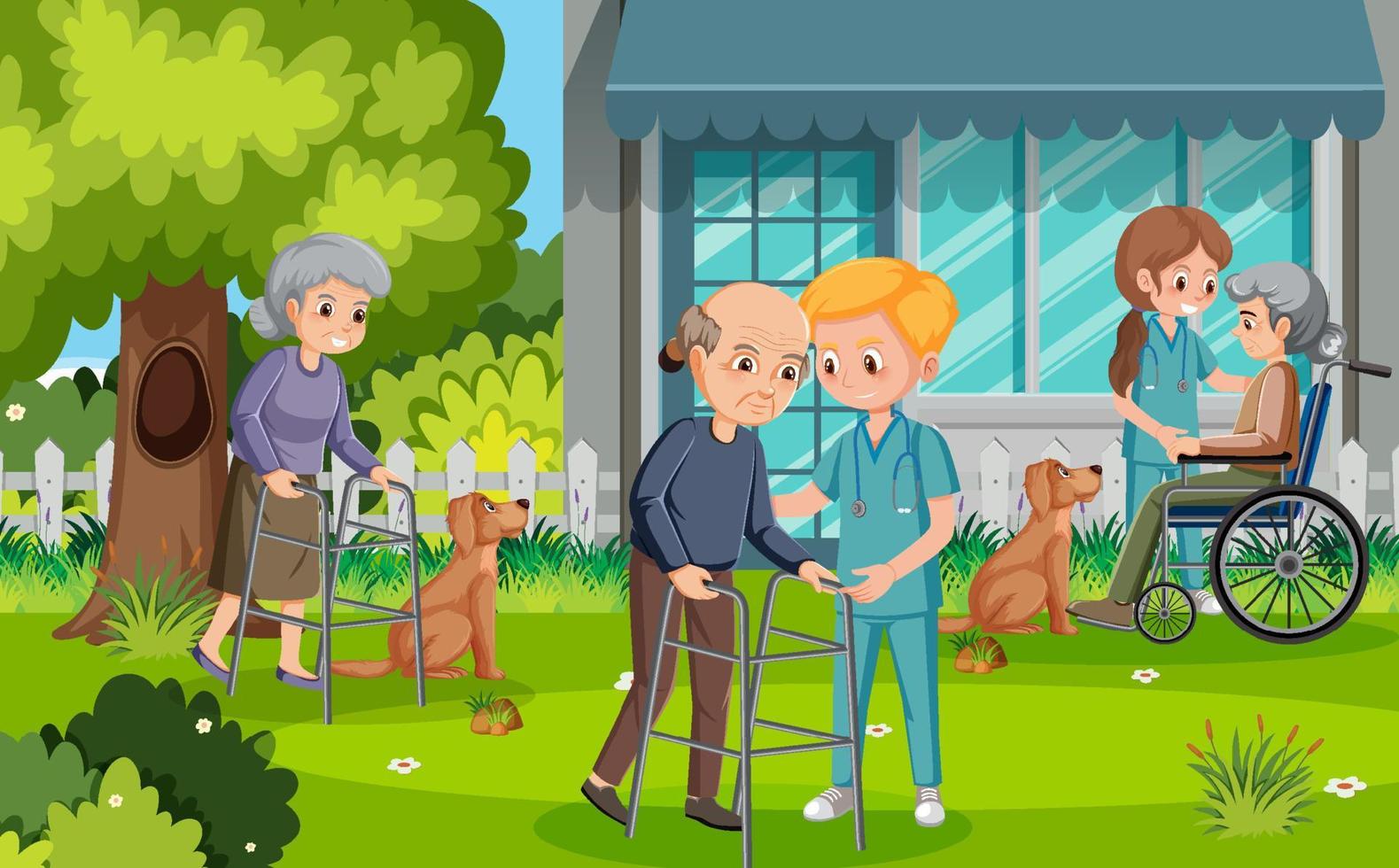 Outdoor park with elderly people and caregivers vector