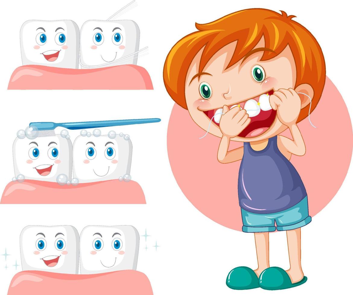 Cute boy cartoon character flossing teeth vector