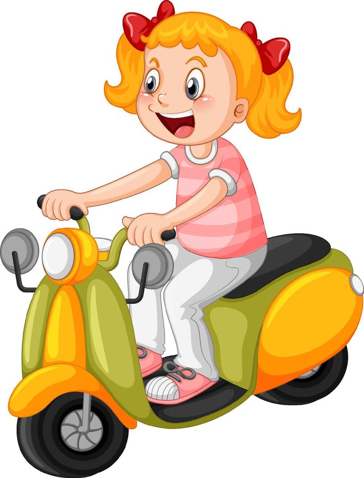 caricatura, niña, equitación, scooter, blanco, plano de fondo vector