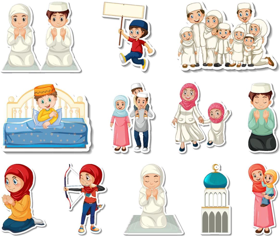 Sticker set of Islamic religious symbols and cartoon characters vector