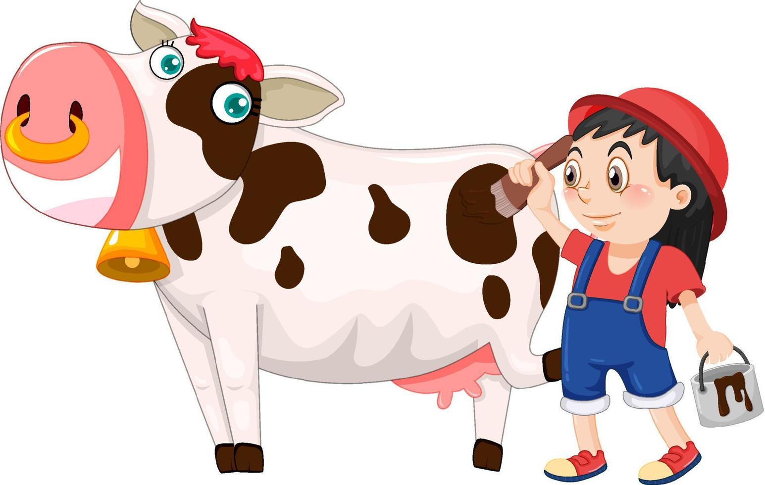 A girl painting on cow cartoon character vector