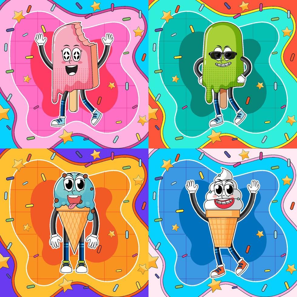 Ice cream cartoon character with retro background vector