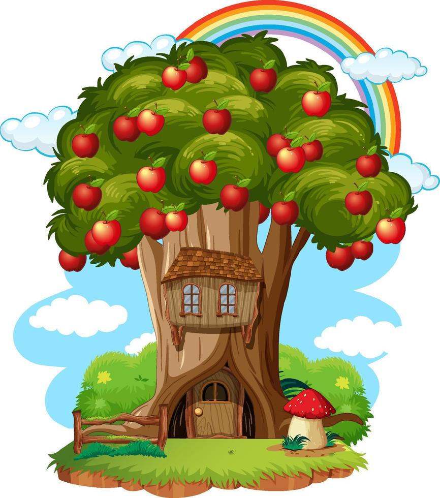 casa del árbol de manzanas en estilo de dibujos animados vector