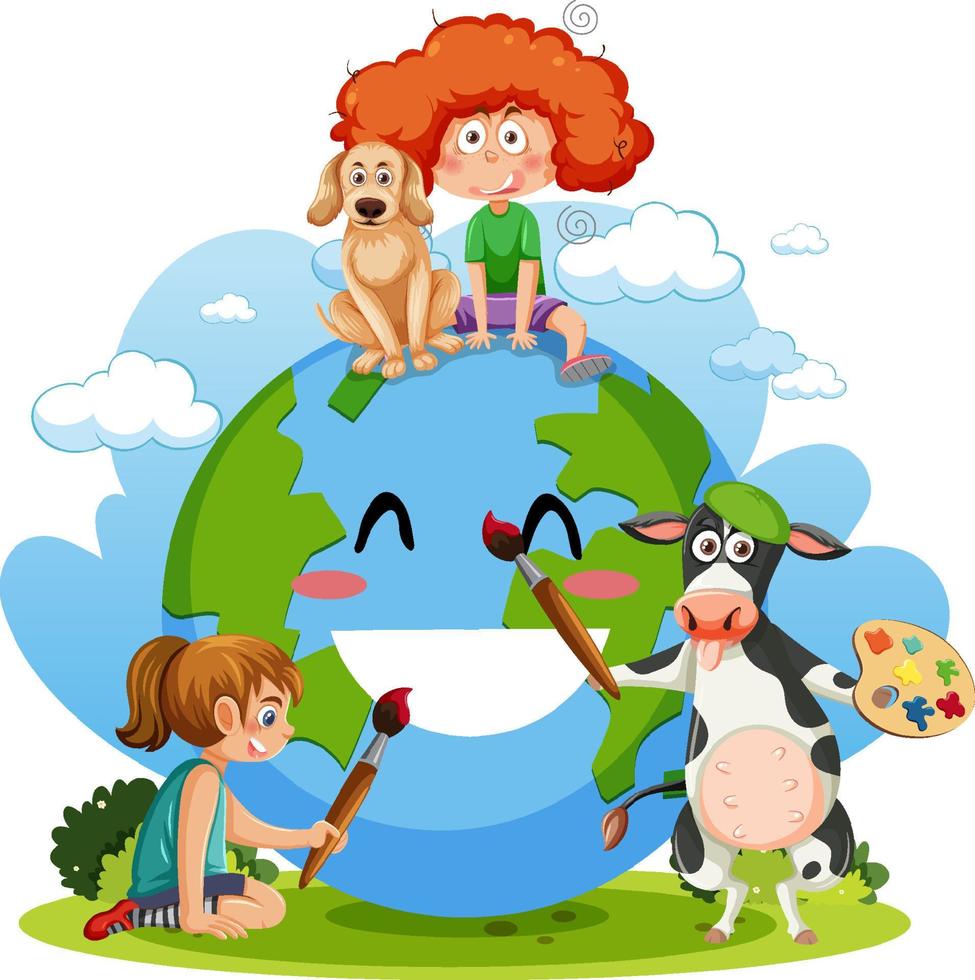 Smile earth with cartoon character vector