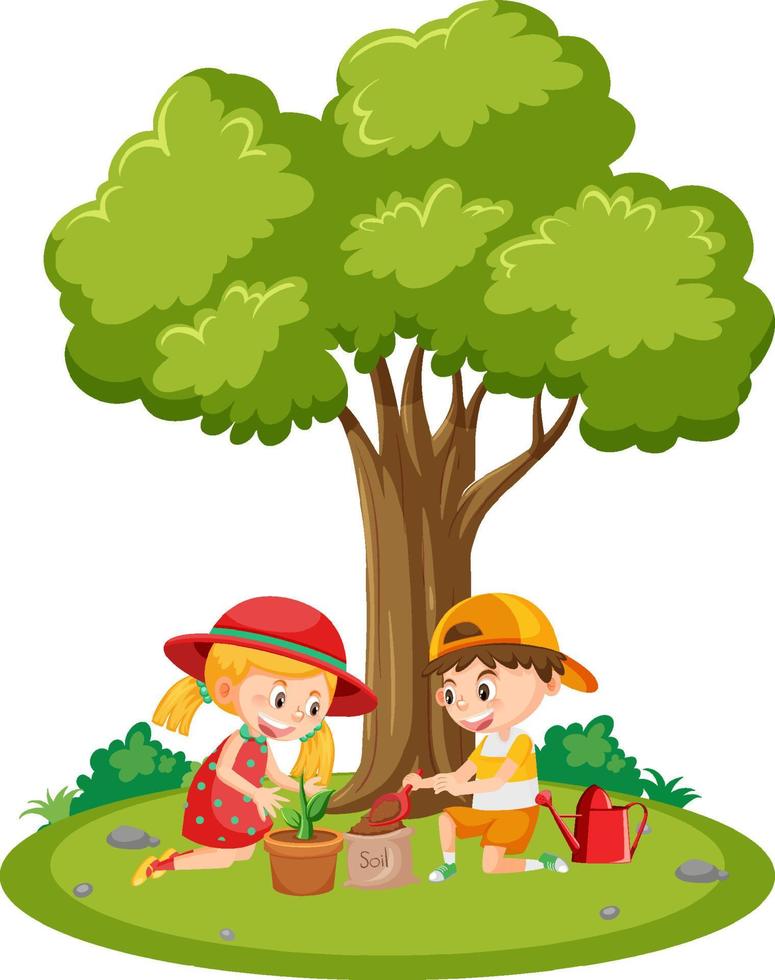 escena al aire libre con niños plantando un árbol vector