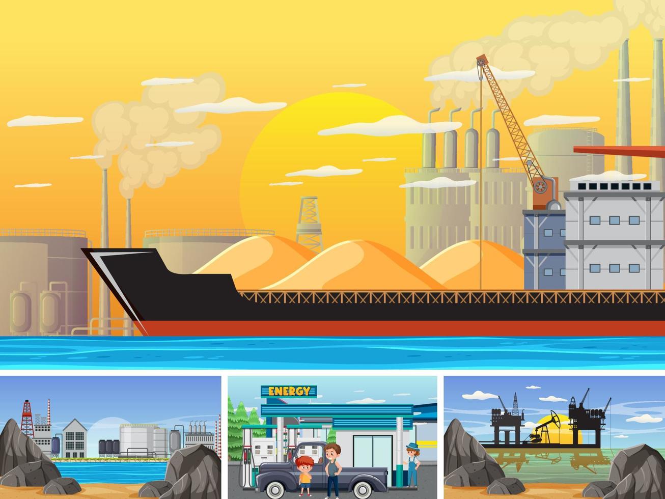cuatro escenas diferentes de la industria petrolera vector
