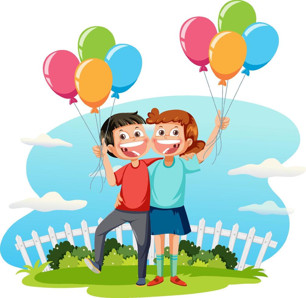 pareja feliz sosteniendo globos vector