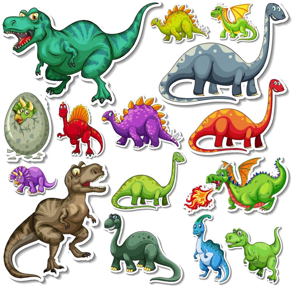 conjunto de pegatinas de diferentes dibujos animados de dinosaurios vector