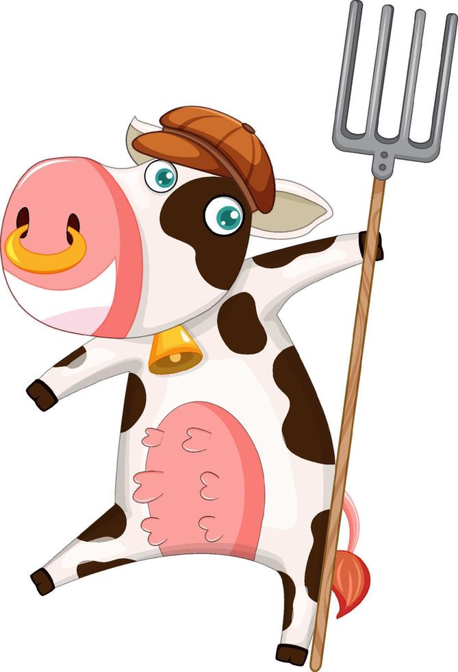 personaje de dibujos animados de vaca feliz con rastrillo vector