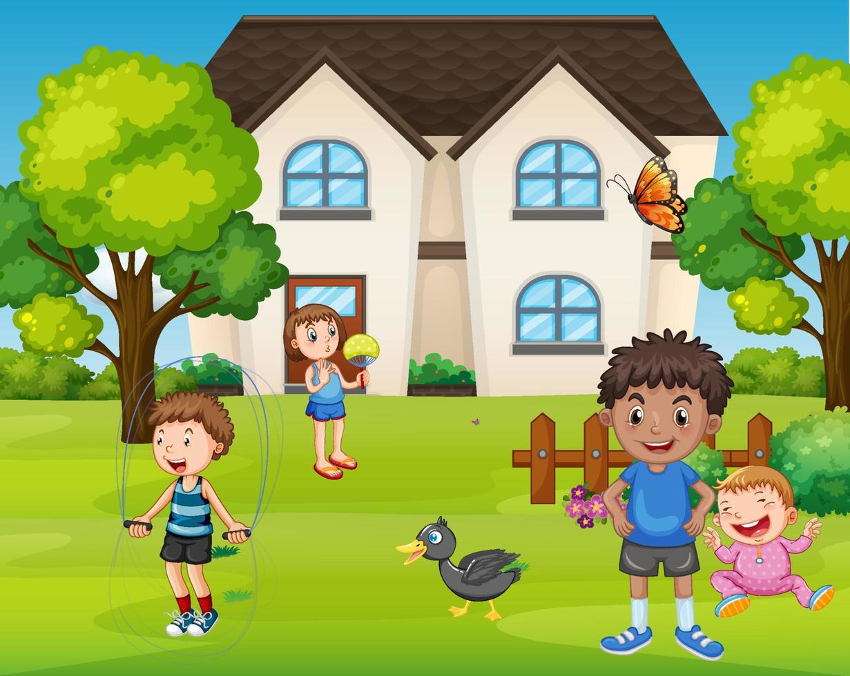 House scene with many kids vector