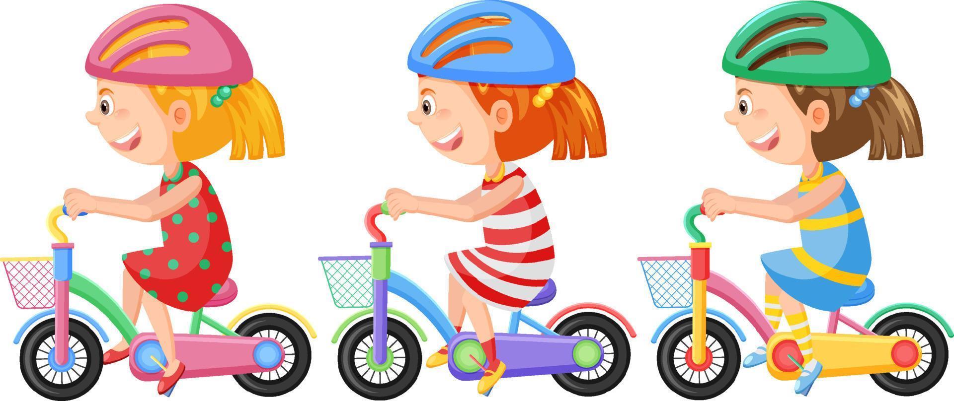 Three girls riding bicycles in cartoon style vector